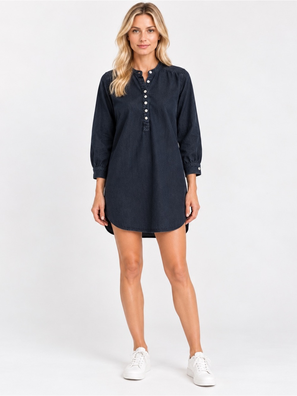 Gap Denim Popover Henley Mini Shirt Dress Size S Side Slits 3/4 Sleeves Black